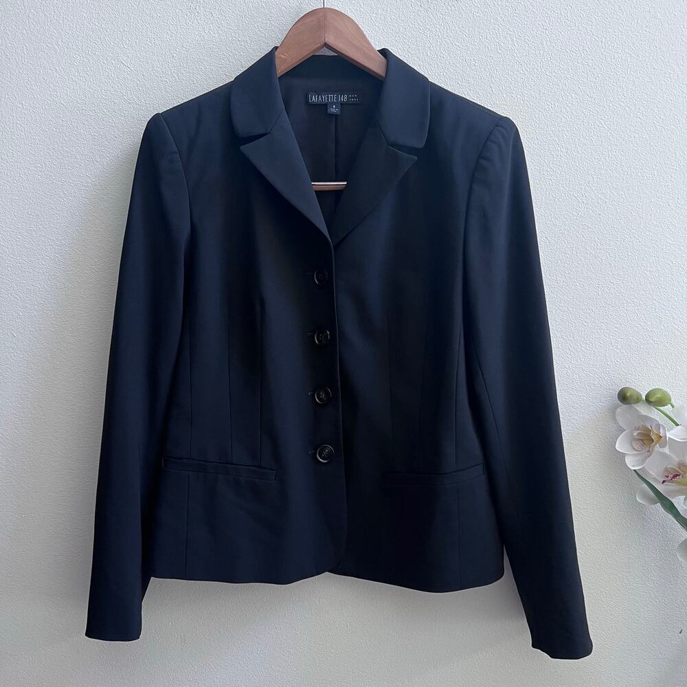 Lafayette‎ 148 Virgin Wool Black Tailored Blazer Tops Women's Jacket Size 8 Boss